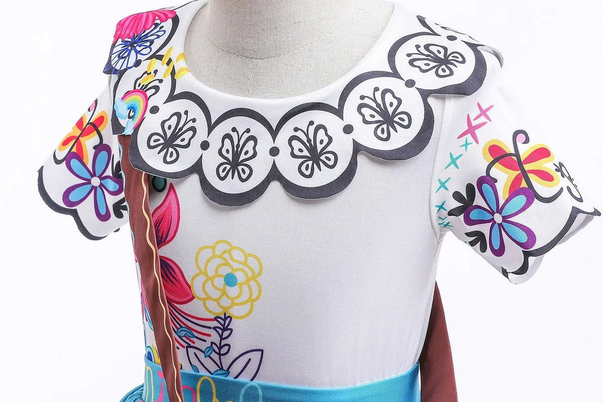 Girls Floral Print Cosplay Dress With Bag Kids Halloween Carnival Party Costume Children Birthday Evening Fancy Dress For Girls