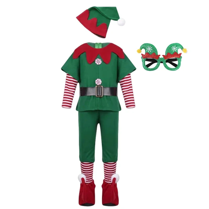 Boys Girls New Christmas Santa Claus Costume Green Elf Cosplay Family Carnival Party Halloween Fancy Dress Clothes Set
