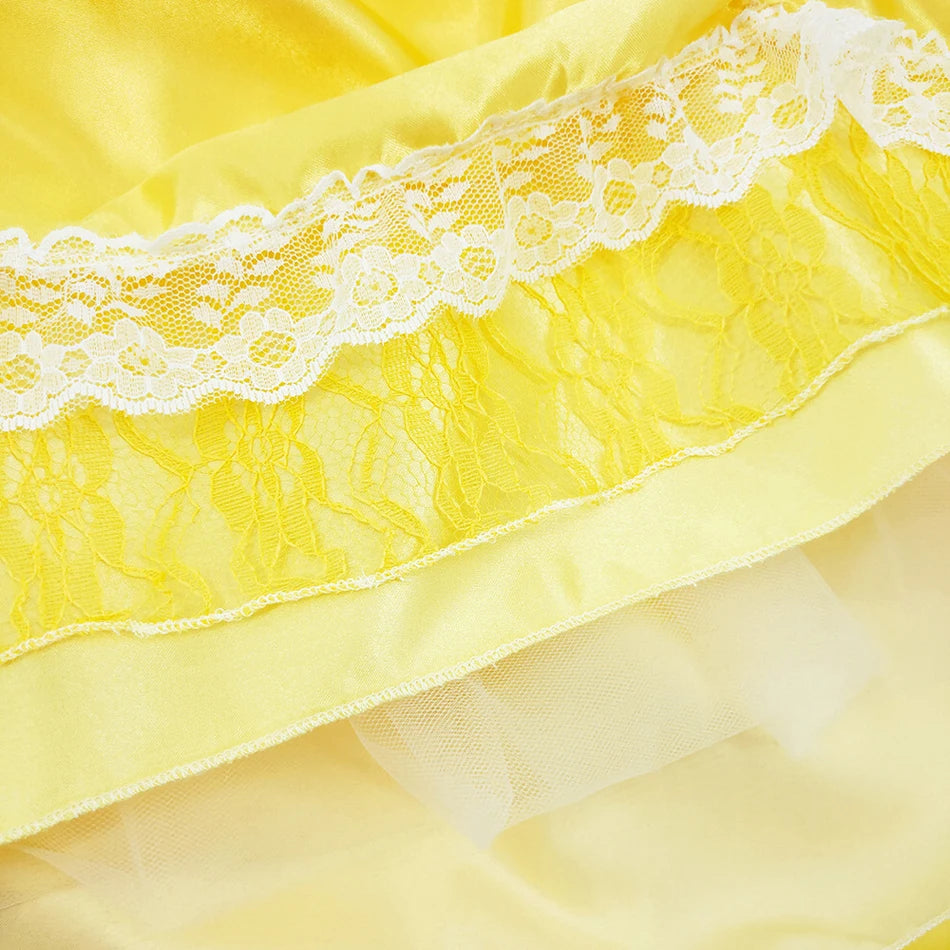 Girls Belle Princess Dress Yellow Party Dress Puff Sleeve Ruched Bodice Lace Hem Princess Gown for Kids Halloween Cosplay Party