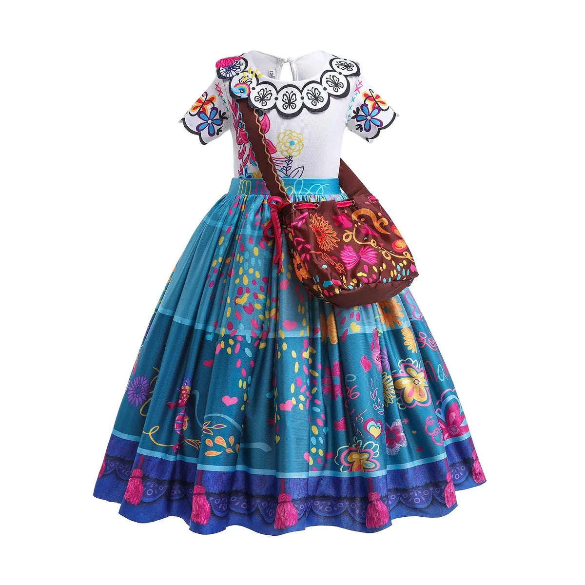 Girls Floral Print Cosplay Dress With Bag Kids Halloween Carnival Party Costume Children Birthday Evening Fancy Dress For Girls