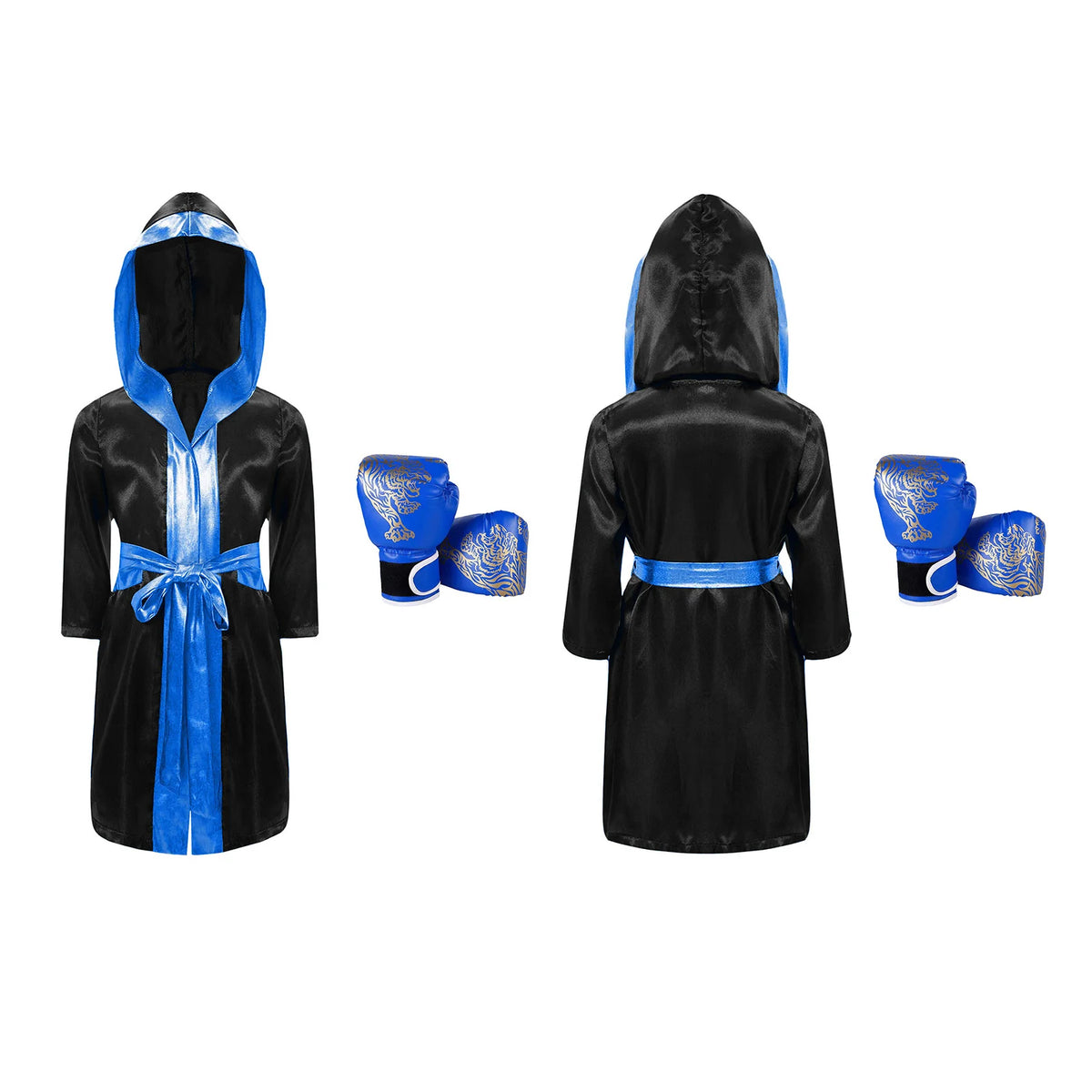 Kids Boxing Training Robe Halloween Carnival Party Boxer Cosplay Costume Long Sleeve Satin Belted Hooded Cloak Shorts Gloves