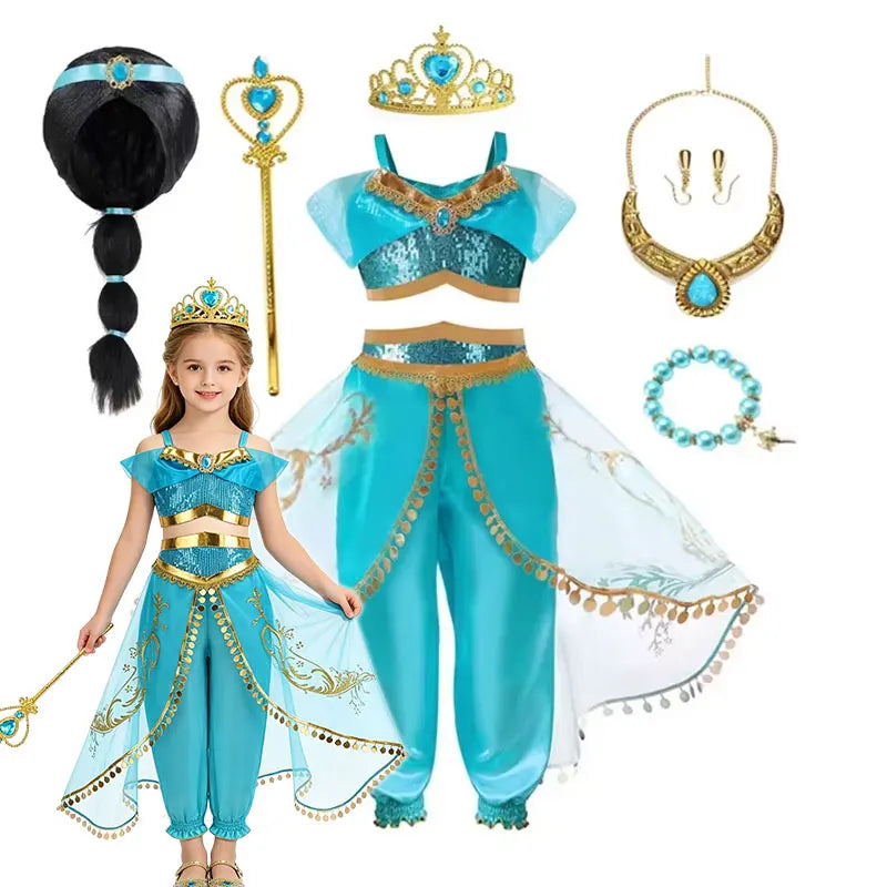 Jasmine Princess Dress for Girls Cosplay Aladdin Magic Lamp Costume Outfit Girls Halloween Kids Birthday Carnival Dance Vestidos