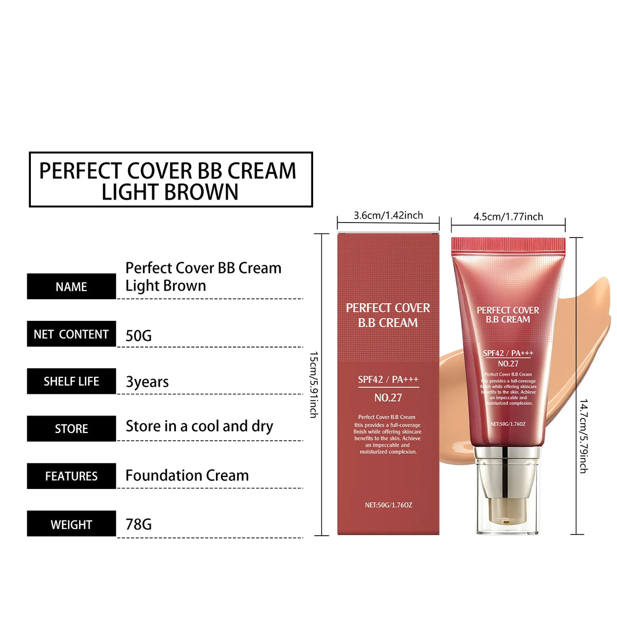 Perfect Cover BB Cream Full Coverage Oil Control Brighten Skin Tone Fading Blemishes Lightweight Natural Makeup Face Concealer