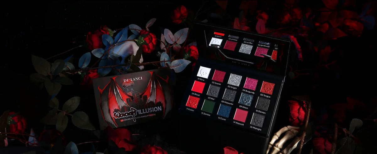 DE'LANCI 15 Colors Eyeshadow Palette Matte Shimmer Glitter Red Black Goth Eye Shadow Pallet for Halloween Lasting Eye Makeup