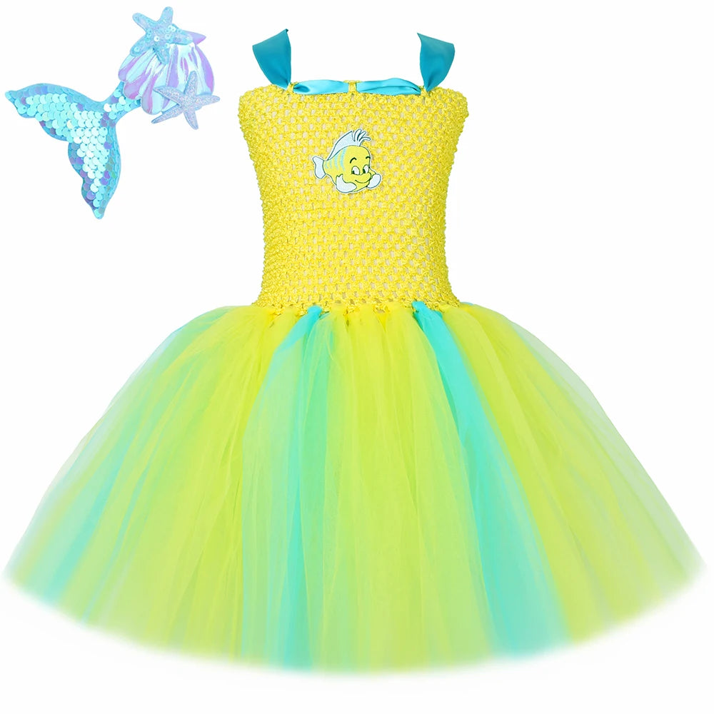 Flounder Costume Toddler Kids Little Mermaid Yellow Tropical Fish Tutu Dress Girls Halloween Carnival Birthday Party Dress Up