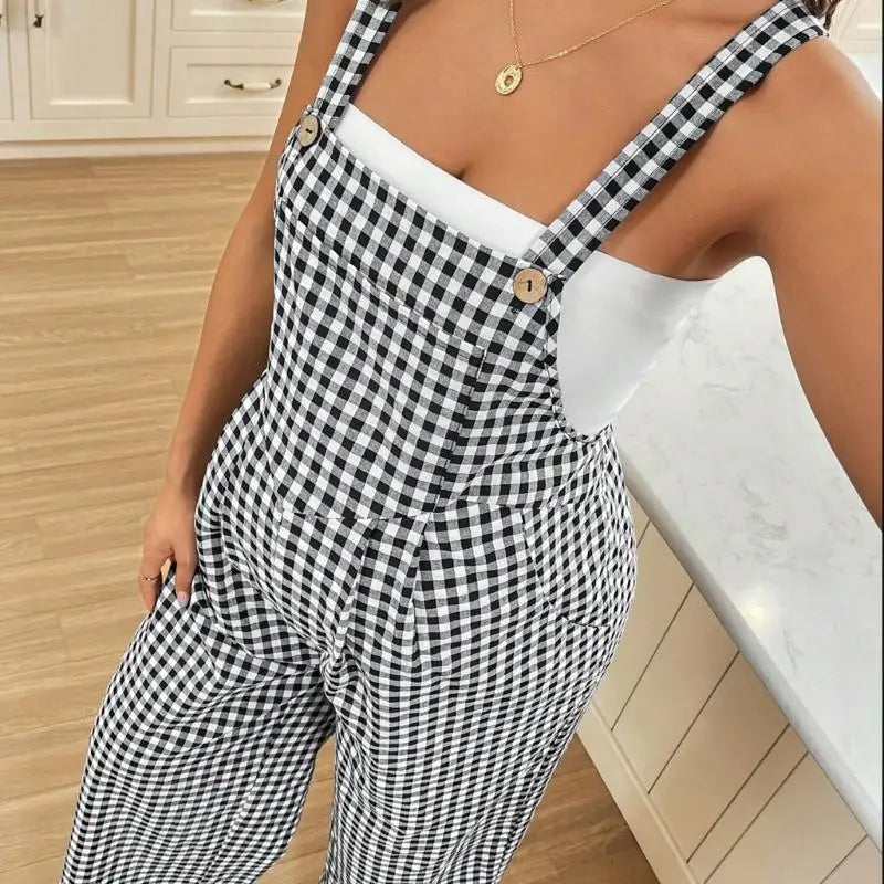 Maternity Overalls Plaids Pattern Lightweight Elastic Comfortable for Pregnancy Women All Season Wear Polyester Fabric A2UB