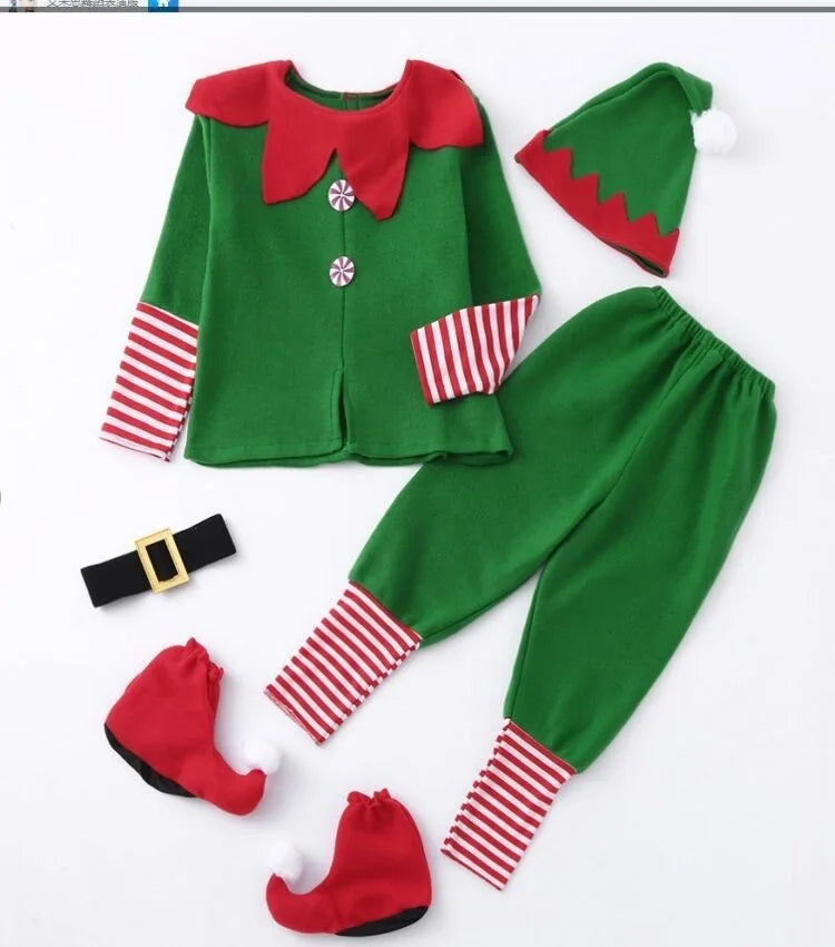 Boys Girls New Christmas Santa Claus Costume Green Elf Cosplay Family Carnival Party Halloween Fancy Dress Clothes Set