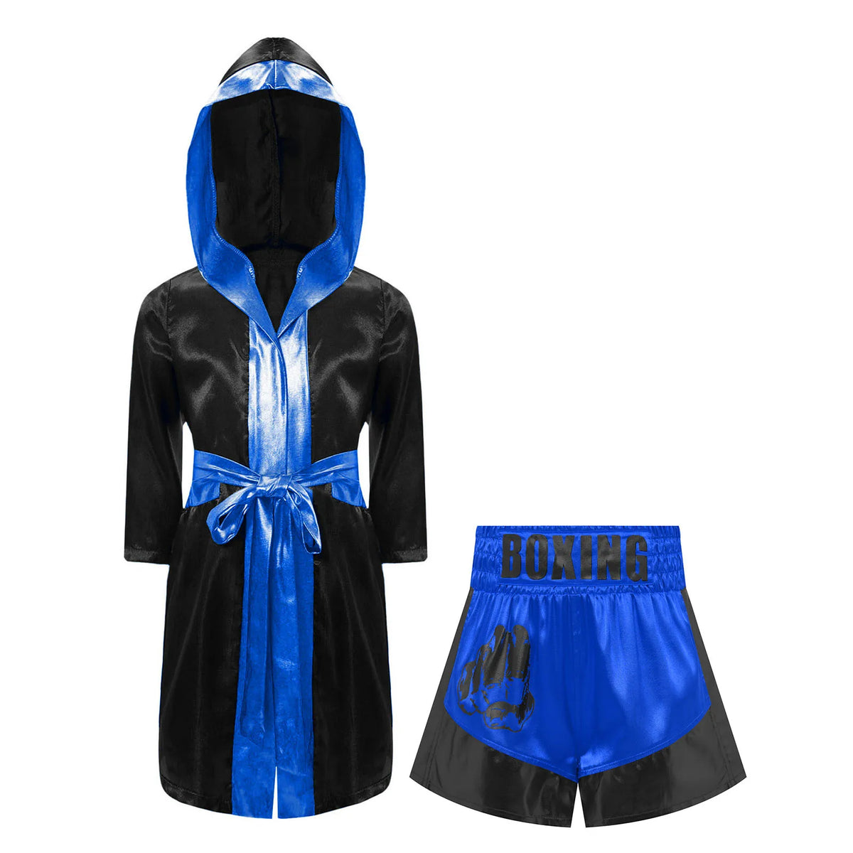 Kids Boxing Training Robe Halloween Carnival Party Boxer Cosplay Costume Long Sleeve Satin Belted Hooded Cloak Shorts Gloves