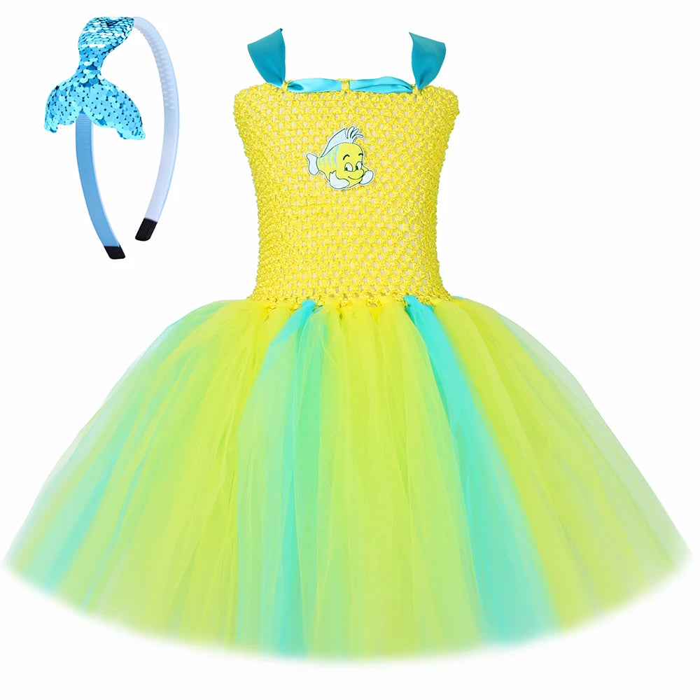 Flounder Costume Toddler Kids Little Mermaid Yellow Tropical Fish Tutu Dress Girls Halloween Carnival Birthday Party Dress Up