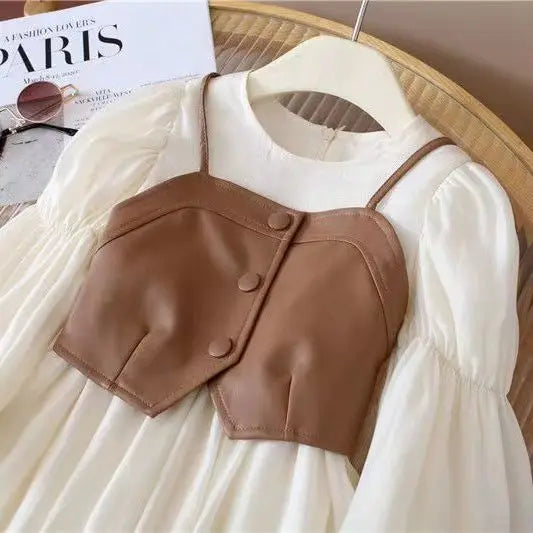 Spring Autumn Baby Suits Girl Vest + Long Sleeve Dresses 2piece Kids Cute Princess Dress Children Chiffon Vestido 2 To10T