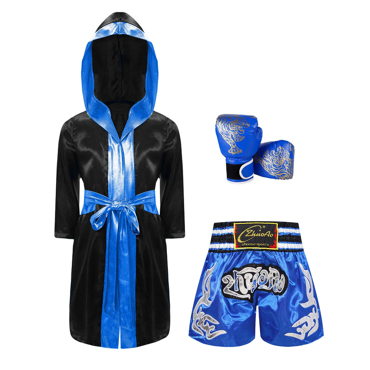 Kids Boxing Training Robe Halloween Carnival Party Boxer Cosplay Costume Long Sleeve Satin Belted Hooded Cloak Shorts Gloves
