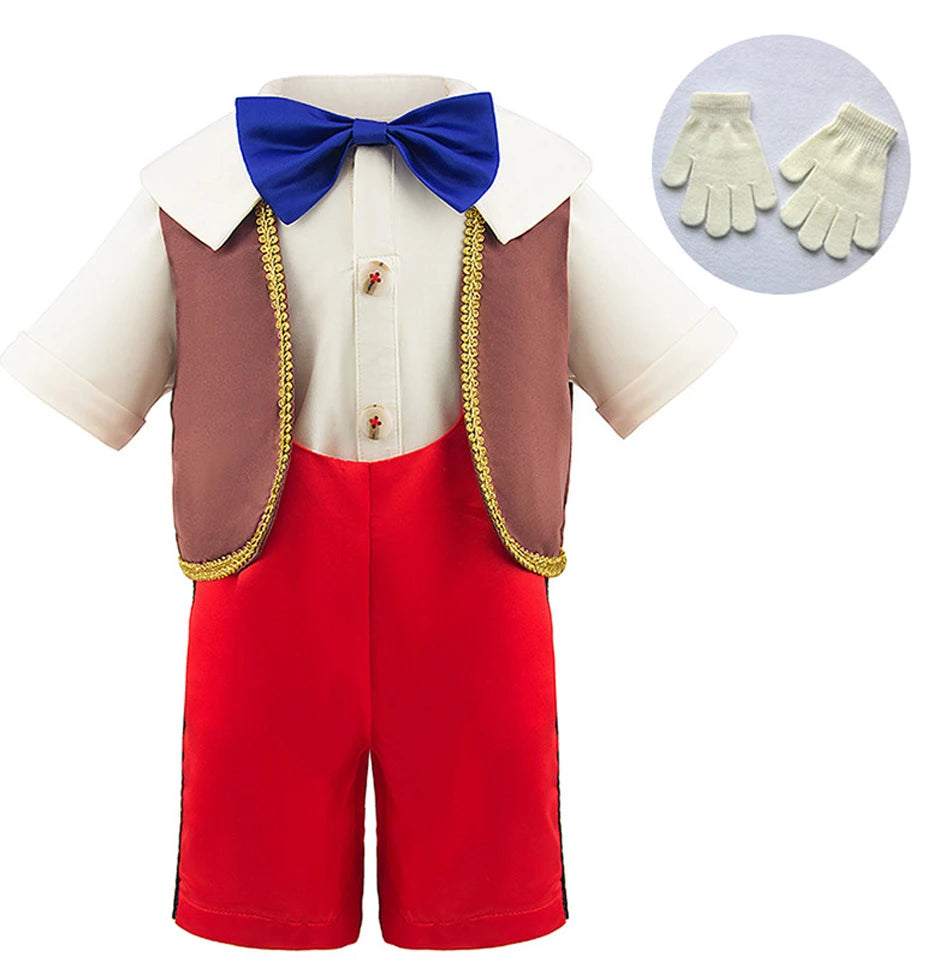 Pinocchio Costume for Boy Girl Classic Fairy Tale Cosplay Set with Hat Long Nose Gloves Fairy Tale Party Outfit for Halloween
