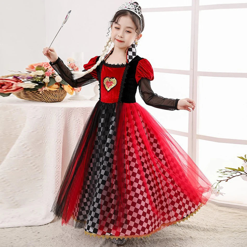 Girls Queen of Hearts Cosplay Dress Black White Checkered Skirt with Red Tulle Kids Halloween Costume Theme Party Outfit