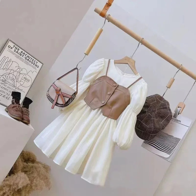 Spring Autumn Baby Suits Girl Vest + Long Sleeve Dresses 2piece Kids Cute Princess Dress Children Chiffon Vestido 2 To10T