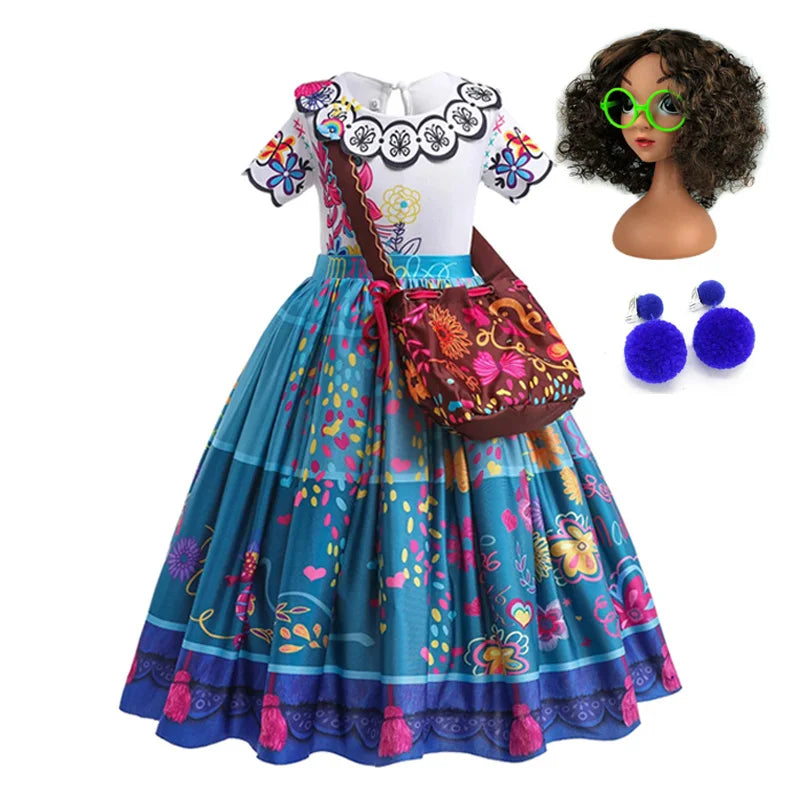 Girls Floral Print Cosplay Dress With Bag Kids Halloween Carnival Party Costume Children Birthday Evening Fancy Dress For Girls
