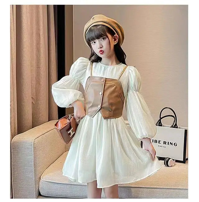 Spring Autumn Baby Suits Girl Vest + Long Sleeve Dresses 2piece Kids Cute Princess Dress Children Chiffon Vestido 2 To10T