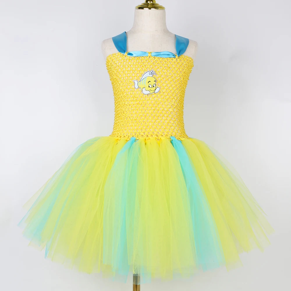 Flounder Costume Toddler Kids Little Mermaid Yellow Tropical Fish Tutu Dress Girls Halloween Carnival Birthday Party Dress Up