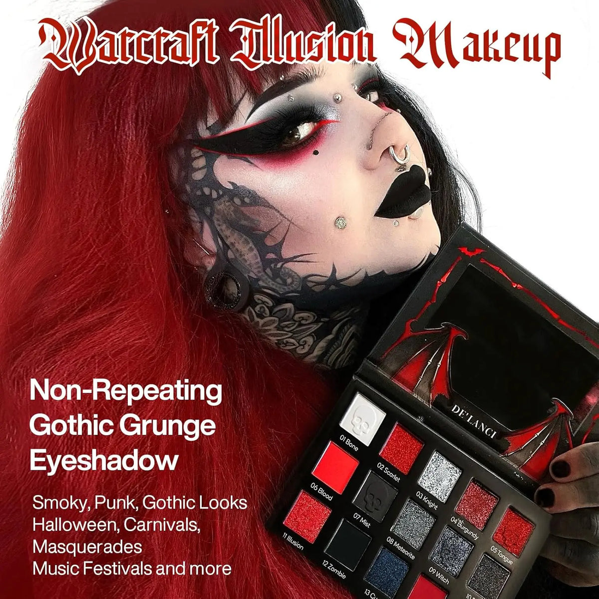 DE'LANCI 15 Colors Eyeshadow Palette Matte Shimmer Glitter Red Black Goth Eye Shadow Pallet for Halloween Lasting Eye Makeup