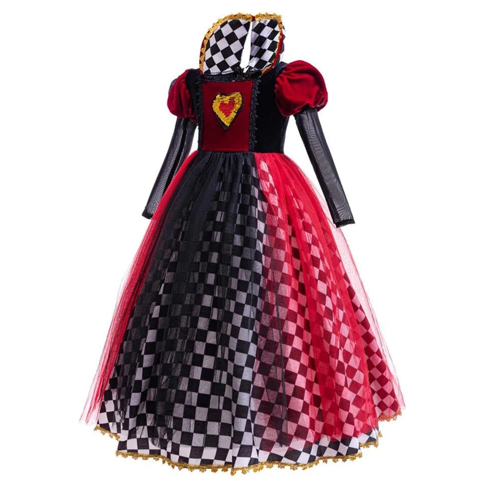 Girls Queen of Hearts Cosplay Dress Black White Checkered Skirt with Red Tulle Kids Halloween Costume Theme Party Outfit