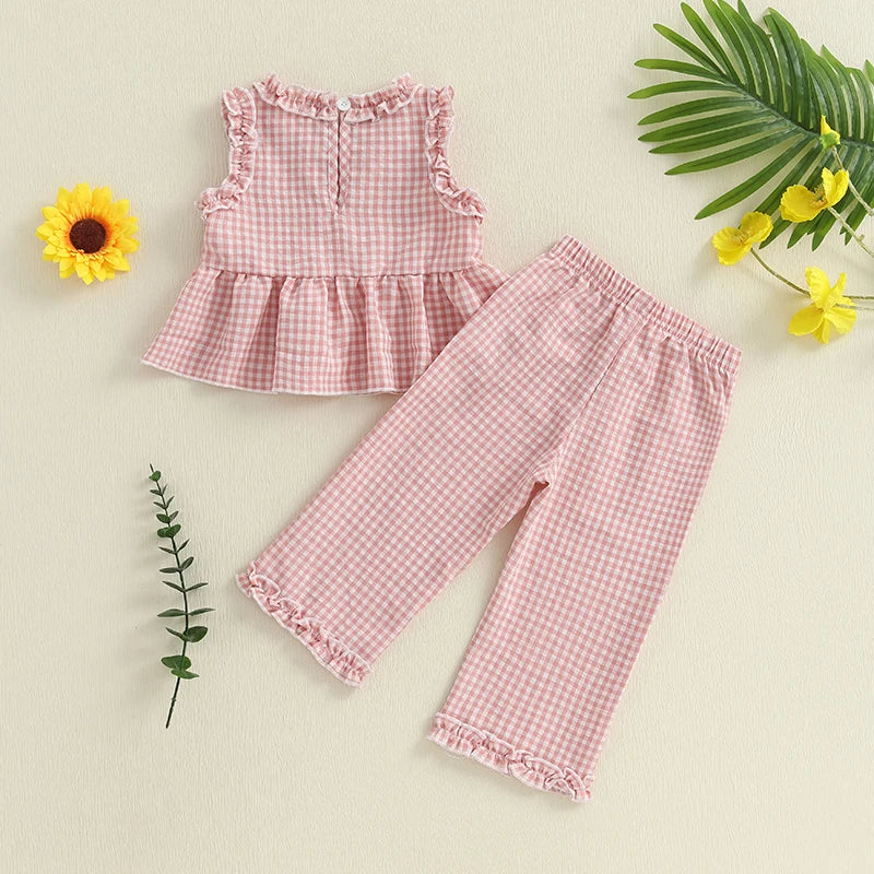 Toddler Infant Baby Girl Summer Fall Outfit Plaid Gingham Ruffle Sleeveless Tank Tops Long Pants Set 2Pcs Clothes
