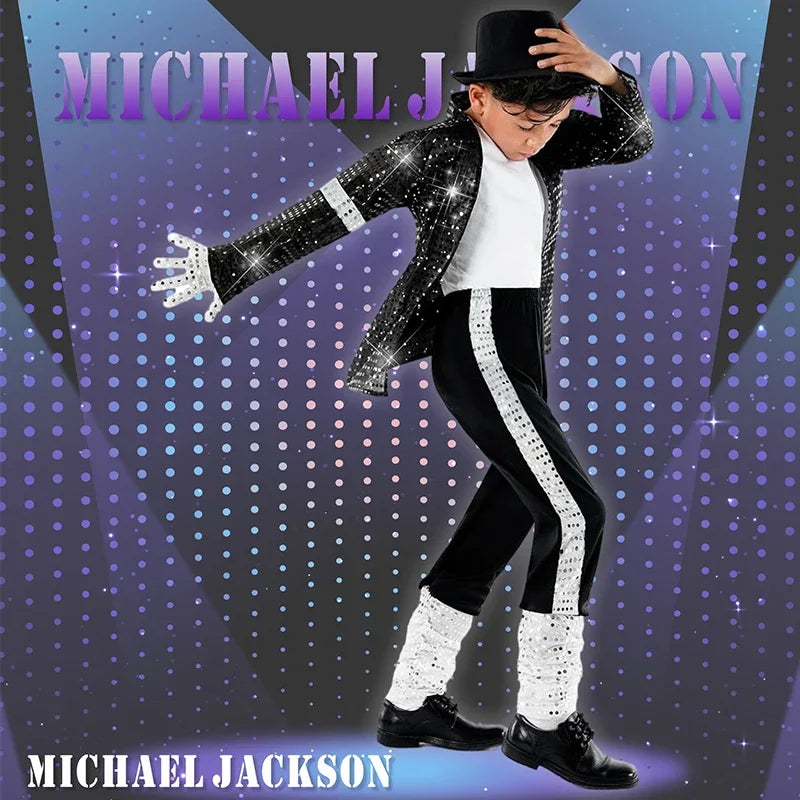 Kids Boys Michael Jackson Inspired Costume Set with Full Accessories for Dance Performance and Halloween Party