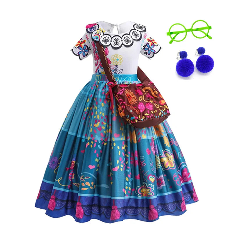 Girls Floral Print Cosplay Dress With Bag Kids Halloween Carnival Party Costume Children Birthday Evening Fancy Dress For Girls