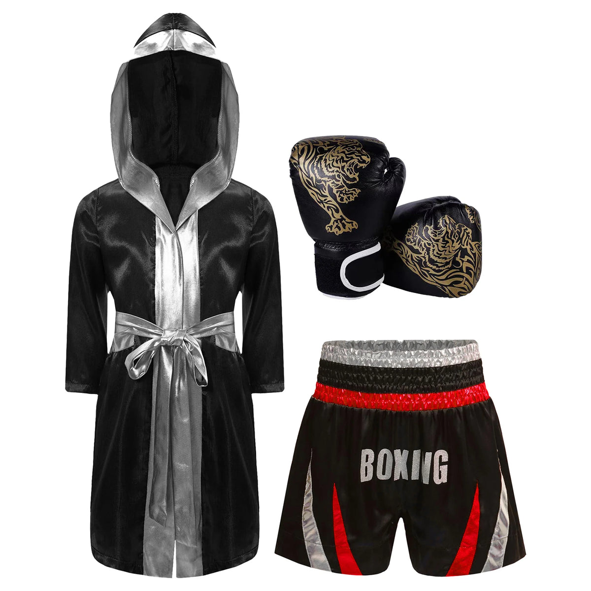 Kids Boxing Training Robe Halloween Carnival Party Boxer Cosplay Costume Long Sleeve Satin Belted Hooded Cloak Shorts Gloves