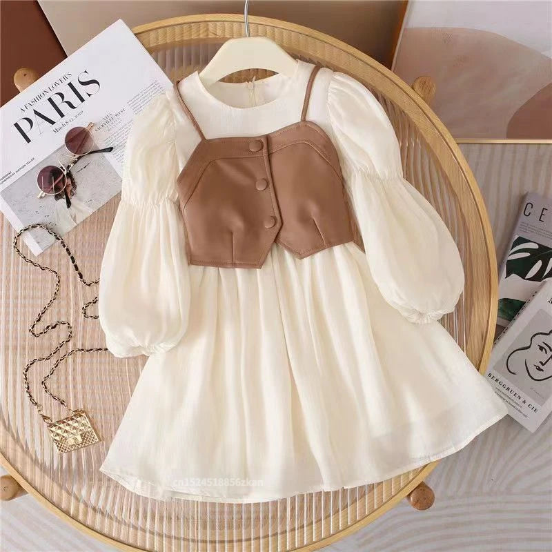 Spring Autumn Baby Suits Girl Vest + Long Sleeve Dresses 2piece Kids Cute Princess Dress Children Chiffon Vestido 2 To10T