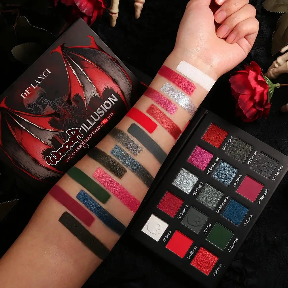 DE'LANCI 15 Colors Eyeshadow Palette Matte Shimmer Glitter Red Black Goth Eye Shadow Pallet for Halloween Lasting Eye Makeup