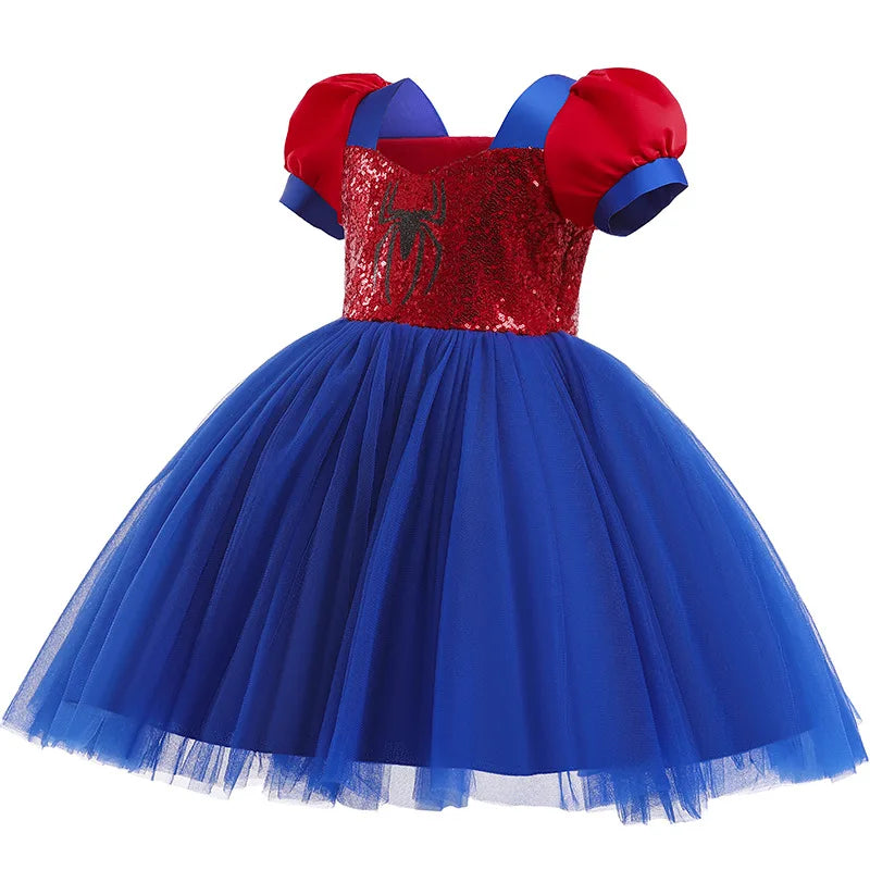 Little Girls Spider Print Dress Kids Sequins Tulle Frocks Children Halloween Theme Party Costume Summer Birthday Surprise Gift