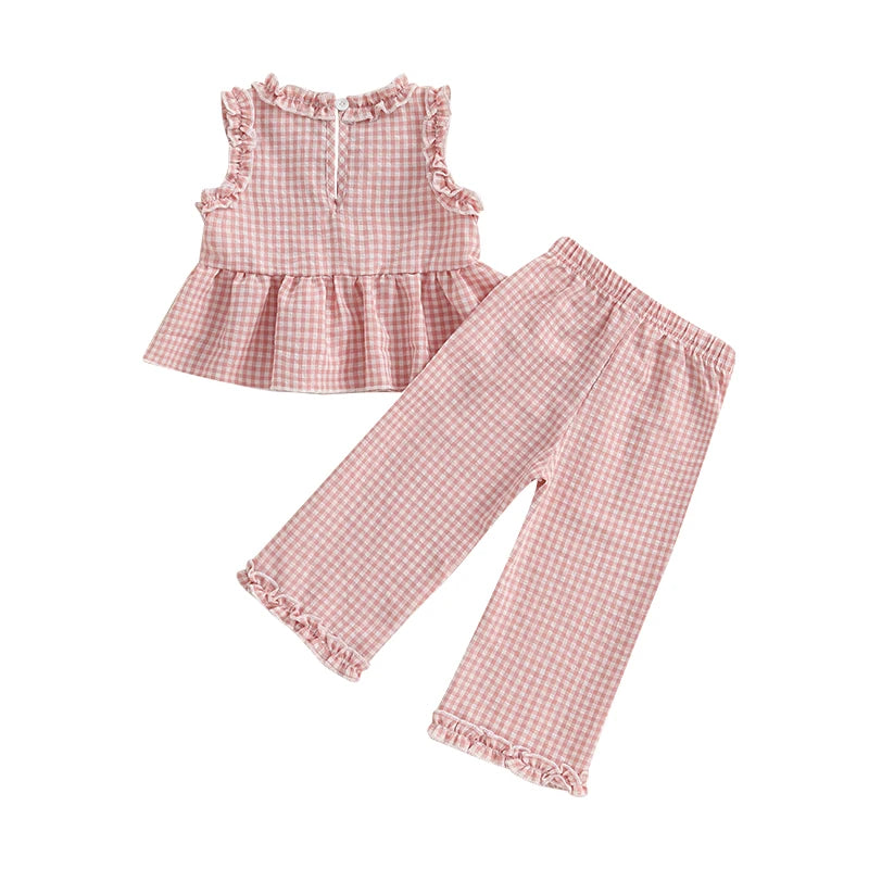 Toddler Infant Baby Girl Summer Fall Outfit Plaid Gingham Ruffle Sleeveless Tank Tops Long Pants Set 2Pcs Clothes