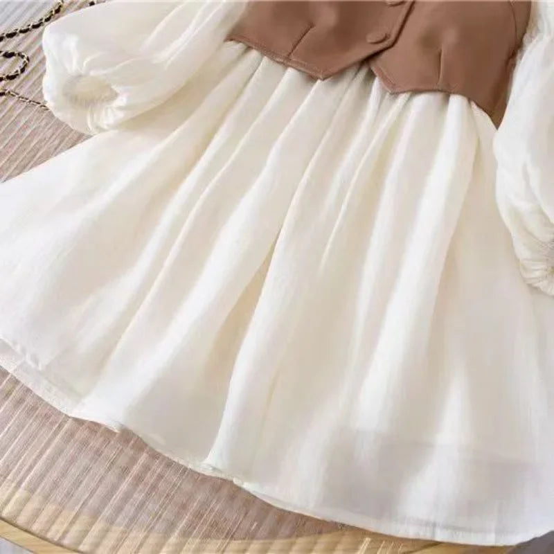 Spring Autumn Baby Suits Girl Vest + Long Sleeve Dresses 2piece Kids Cute Princess Dress Children Chiffon Vestido 2 To10T