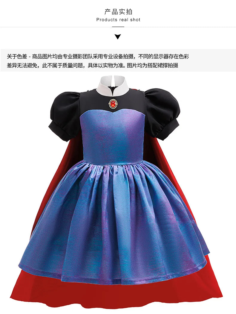 Evil Queen Girls Costume with Detachable Cape Dark Queen Role Play Outfit Kids Villain Cosplay Dress for Halloween