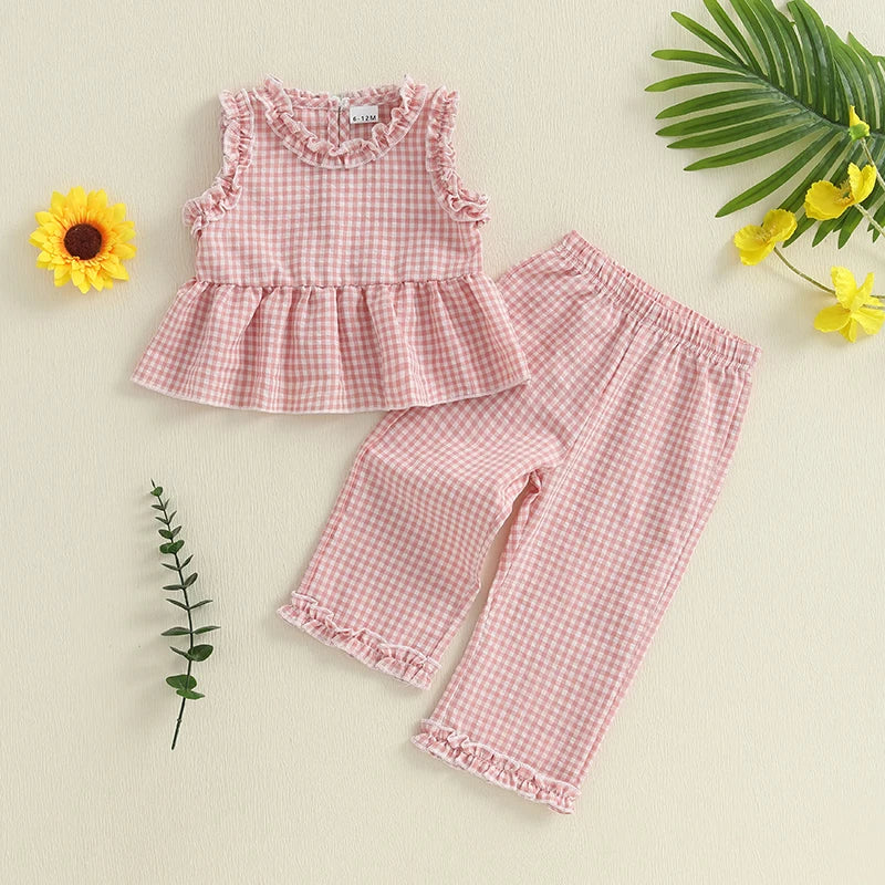 Toddler Infant Baby Girl Summer Fall Outfit Plaid Gingham Ruffle Sleeveless Tank Tops Long Pants Set 2Pcs Clothes