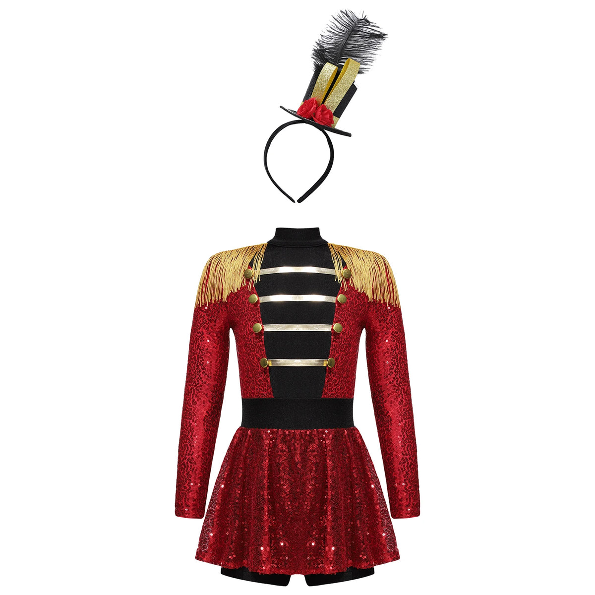 Kids Girls Halloween Circus Ringmaster Magician Costume Carnival Party Lion Tamer Cosplay Long Sleeve Sequins Leotard Dress Tutu
