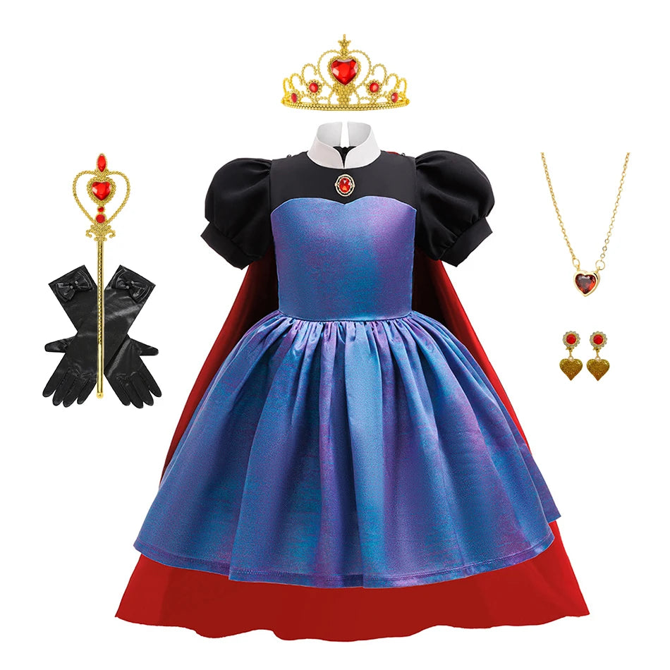 Evil Queen Girls Costume with Detachable Cape Dark Queen Role Play Outfit Kids Villain Cosplay Dress for Halloween