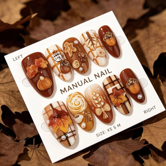 30pcs Autumn Press On Nails 3D Maple Leaf Pumpkin Acorn Fake Nail Long Almond Pumpkin Acorn False Nail for Women&Girl