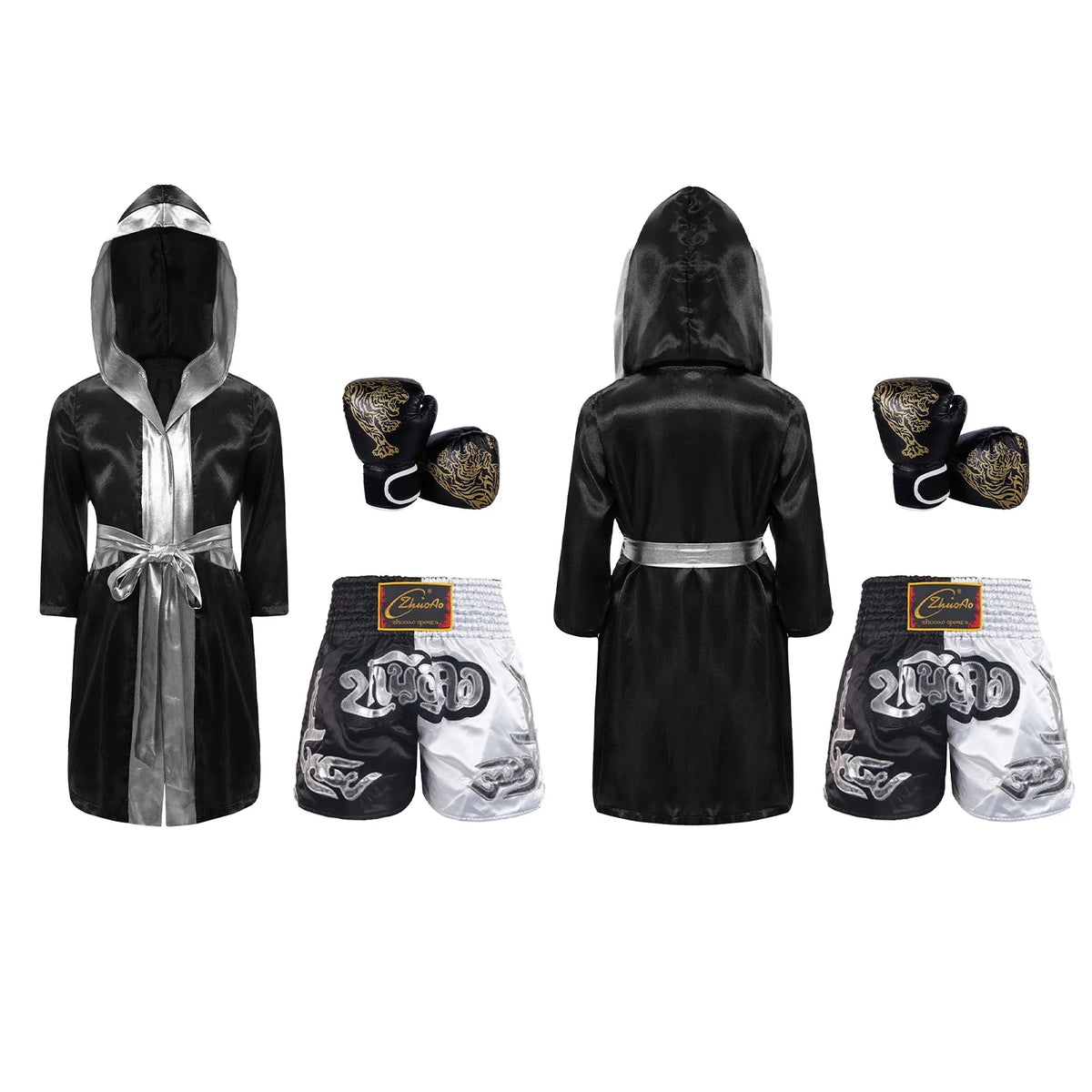 Kids Boxing Training Robe Halloween Carnival Party Boxer Cosplay Costume Long Sleeve Satin Belted Hooded Cloak Shorts Gloves