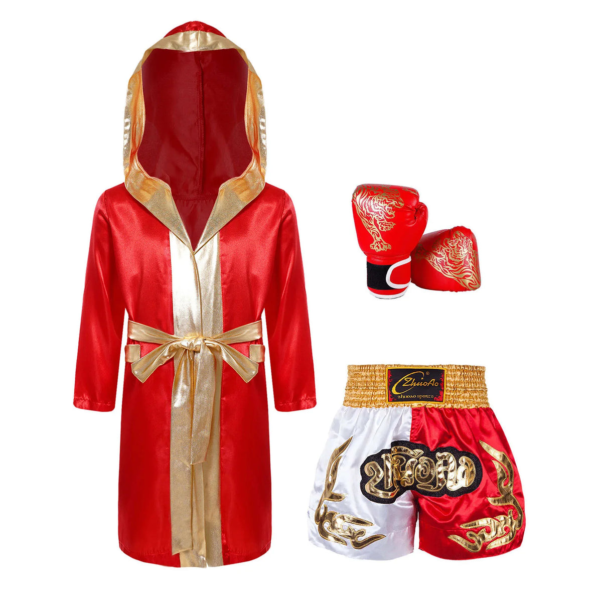 Kids Boxing Training Robe Halloween Carnival Party Boxer Cosplay Costume Long Sleeve Satin Belted Hooded Cloak Shorts Gloves