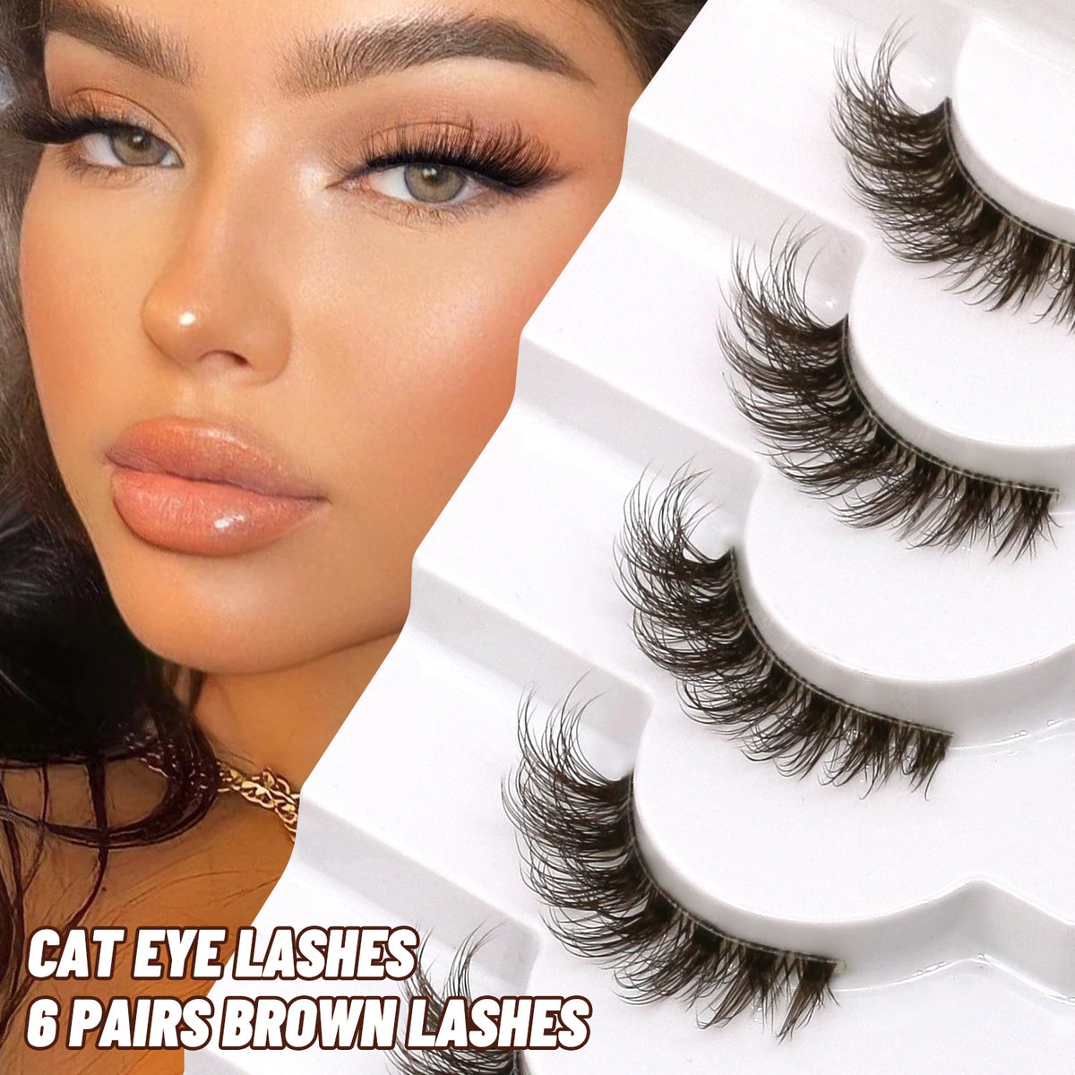 VELTRINAY Brown Half Lashes Natural Look Plush False Eyelashes Wispy Cat Eye Lashes Clear Lash Band Natural Lashes Makeup