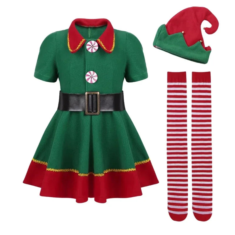 Boys Girls New Christmas Santa Claus Costume Green Elf Cosplay Family Carnival Party Halloween Fancy Dress Clothes Set