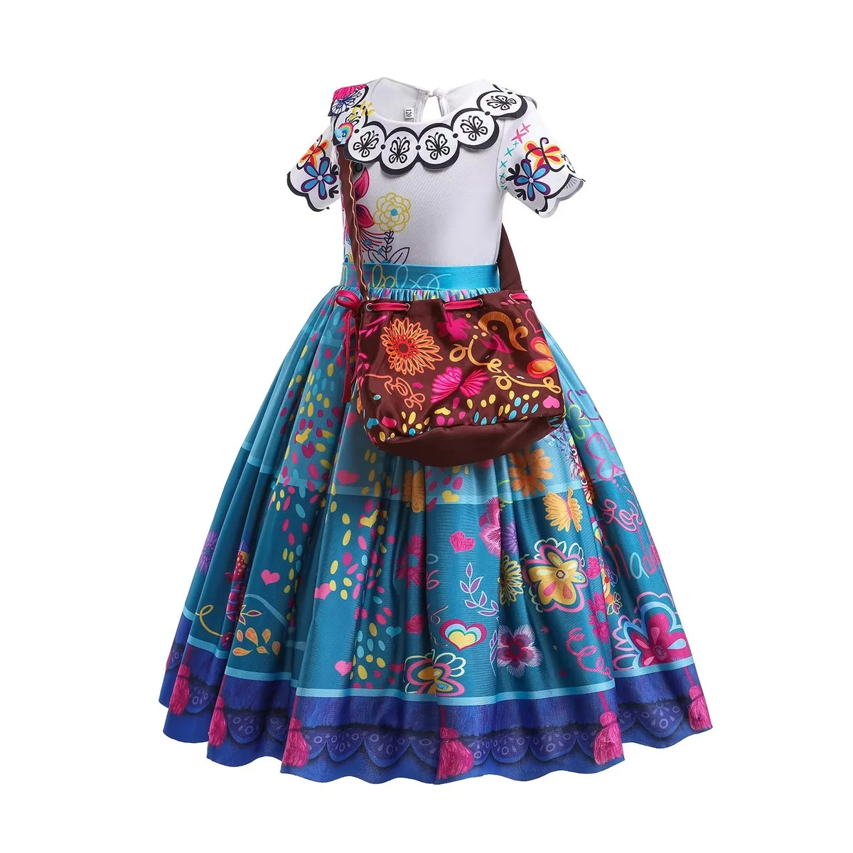 Girls Floral Print Cosplay Dress With Bag Kids Halloween Carnival Party Costume Children Birthday Evening Fancy Dress For Girls