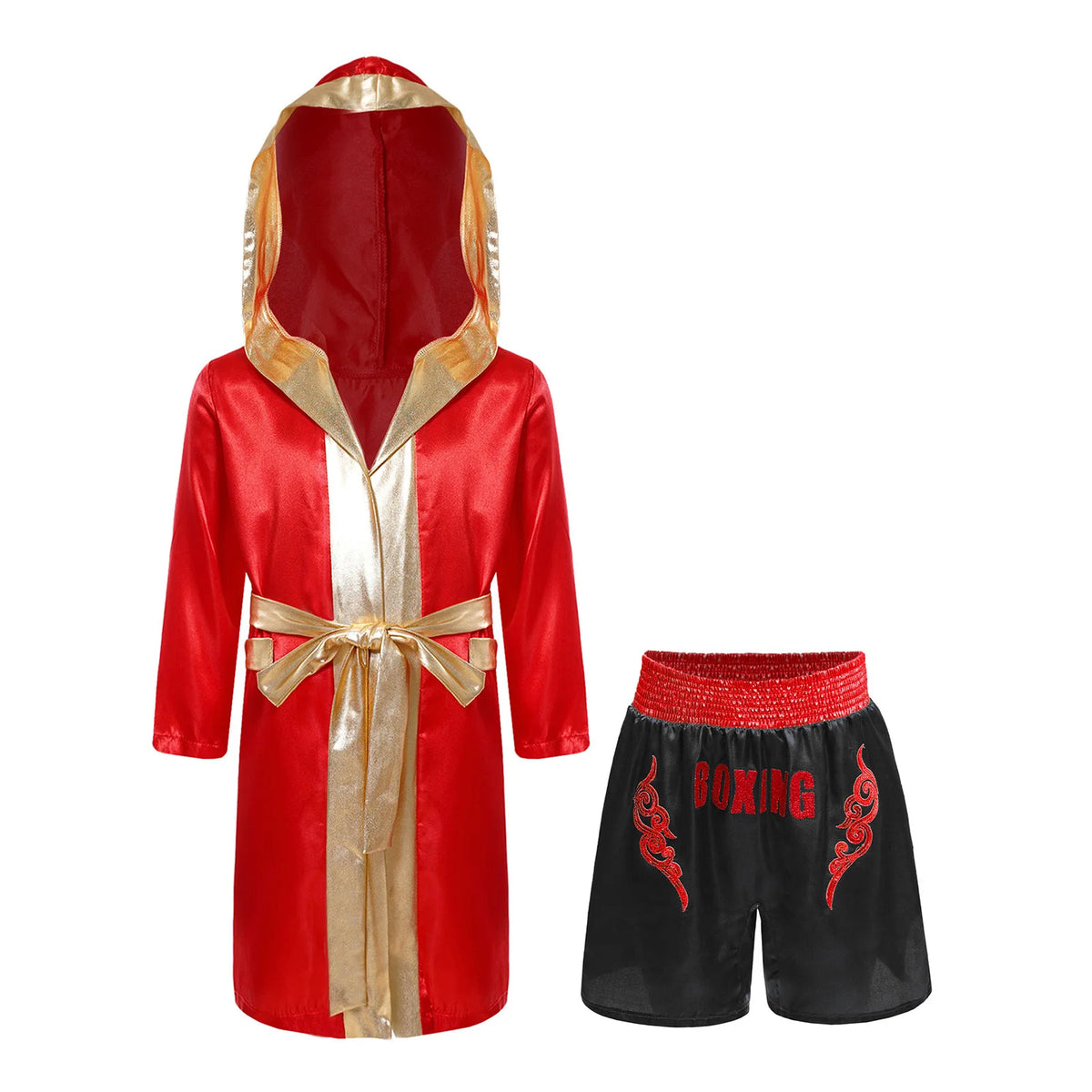 Kids Boxing Training Robe Halloween Carnival Party Boxer Cosplay Costume Long Sleeve Satin Belted Hooded Cloak Shorts Gloves
