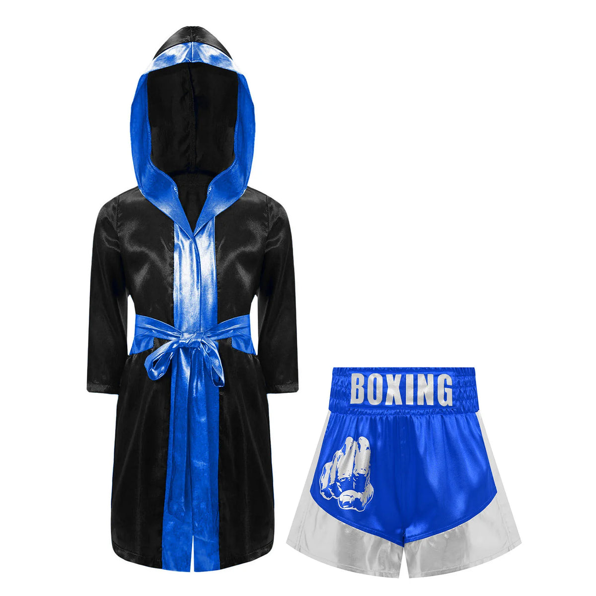 Kids Boxing Training Robe Halloween Carnival Party Boxer Cosplay Costume Long Sleeve Satin Belted Hooded Cloak Shorts Gloves