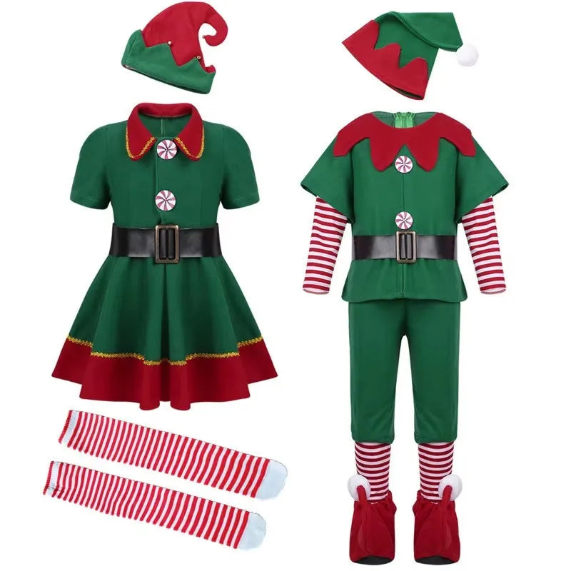 Boys Girls New Christmas Santa Claus Costume Green Elf Cosplay Family Carnival Party Halloween Fancy Dress Clothes Set