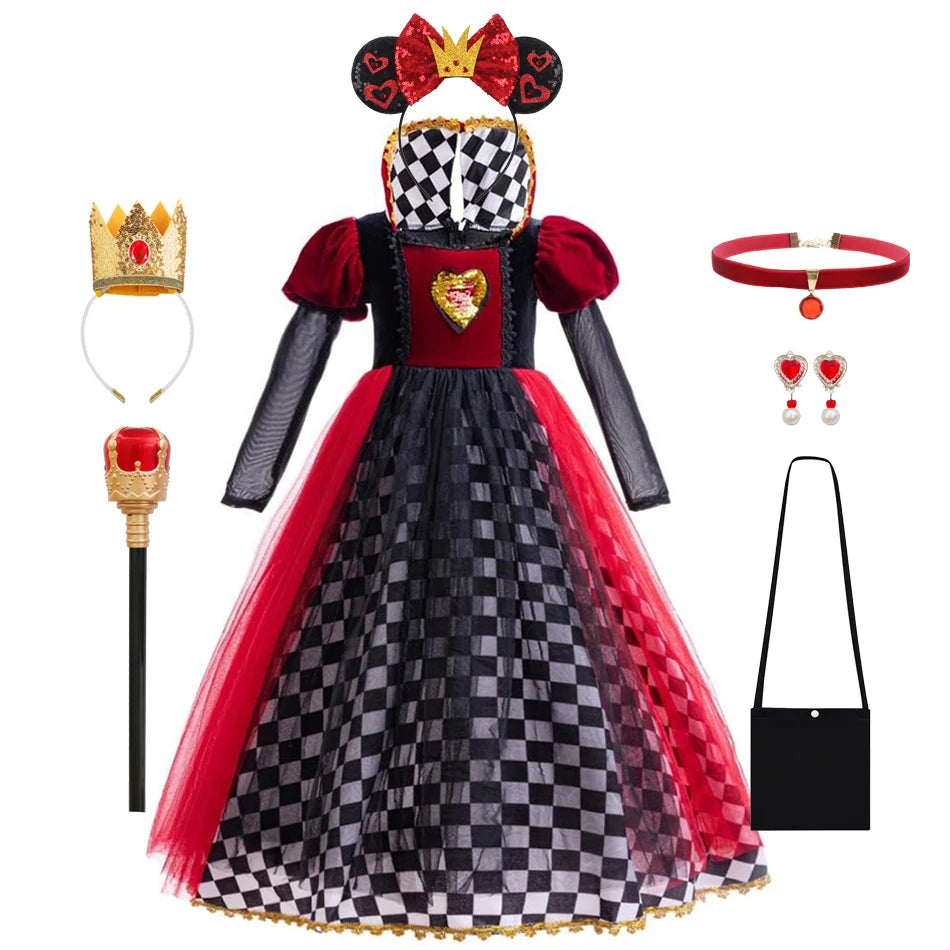 Girls Queen of Hearts Cosplay Dress Black White Checkered Skirt with Red Tulle Kids Halloween Costume Theme Party Outfit