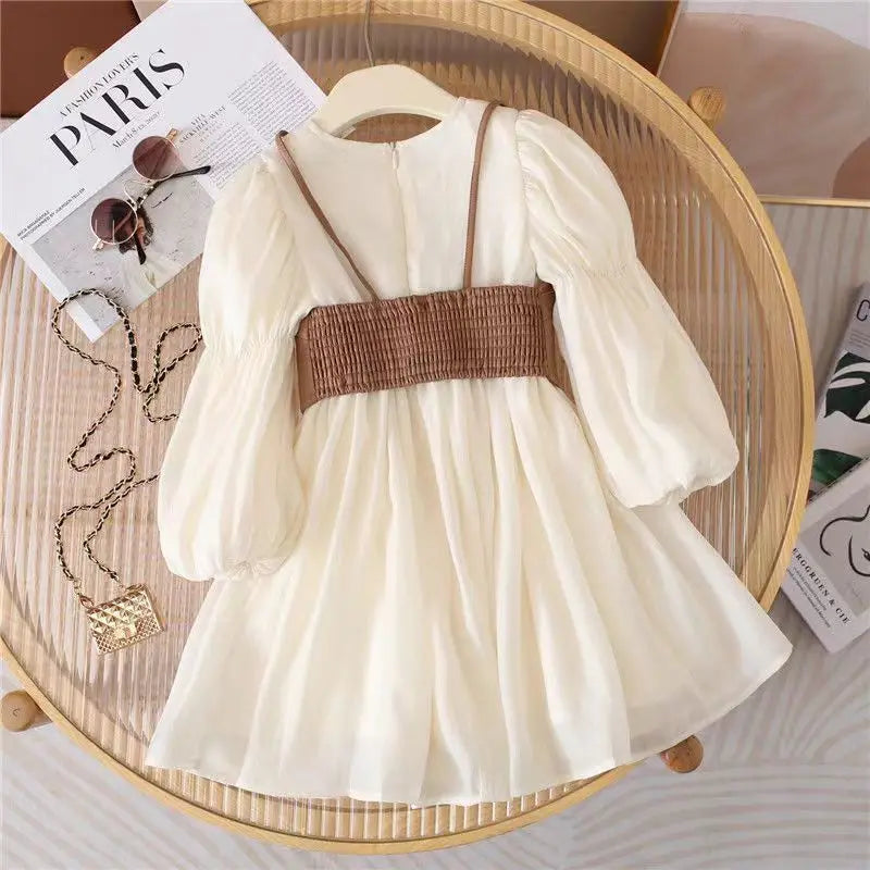 Spring Autumn Baby Suits Girl Vest + Long Sleeve Dresses 2piece Kids Cute Princess Dress Children Chiffon Vestido 2 To10T