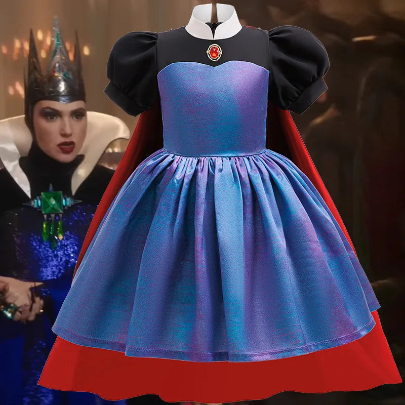 Evil Queen Girls Costume with Detachable Cape Dark Queen Role Play Outfit Kids Villain Cosplay Dress for Halloween