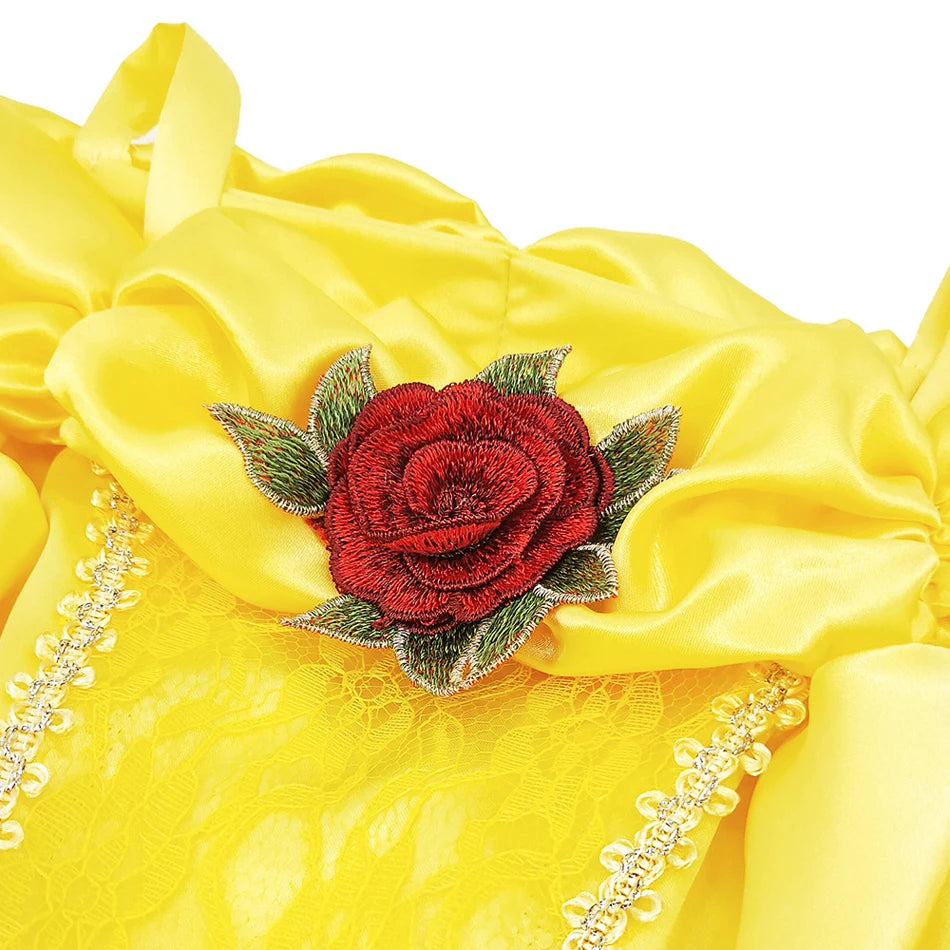 Girls Belle Princess Dress Yellow Party Dress Puff Sleeve Ruched Bodice Lace Hem Princess Gown for Kids Halloween Cosplay Party