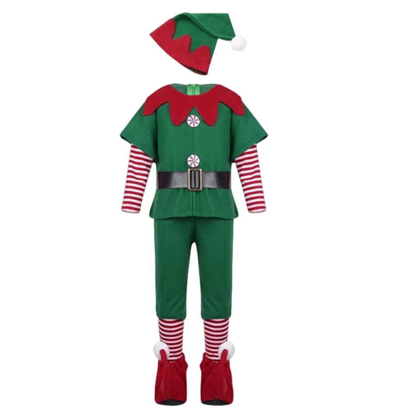 Boys Girls New Christmas Santa Claus Costume Green Elf Cosplay Family Carnival Party Halloween Fancy Dress Clothes Set